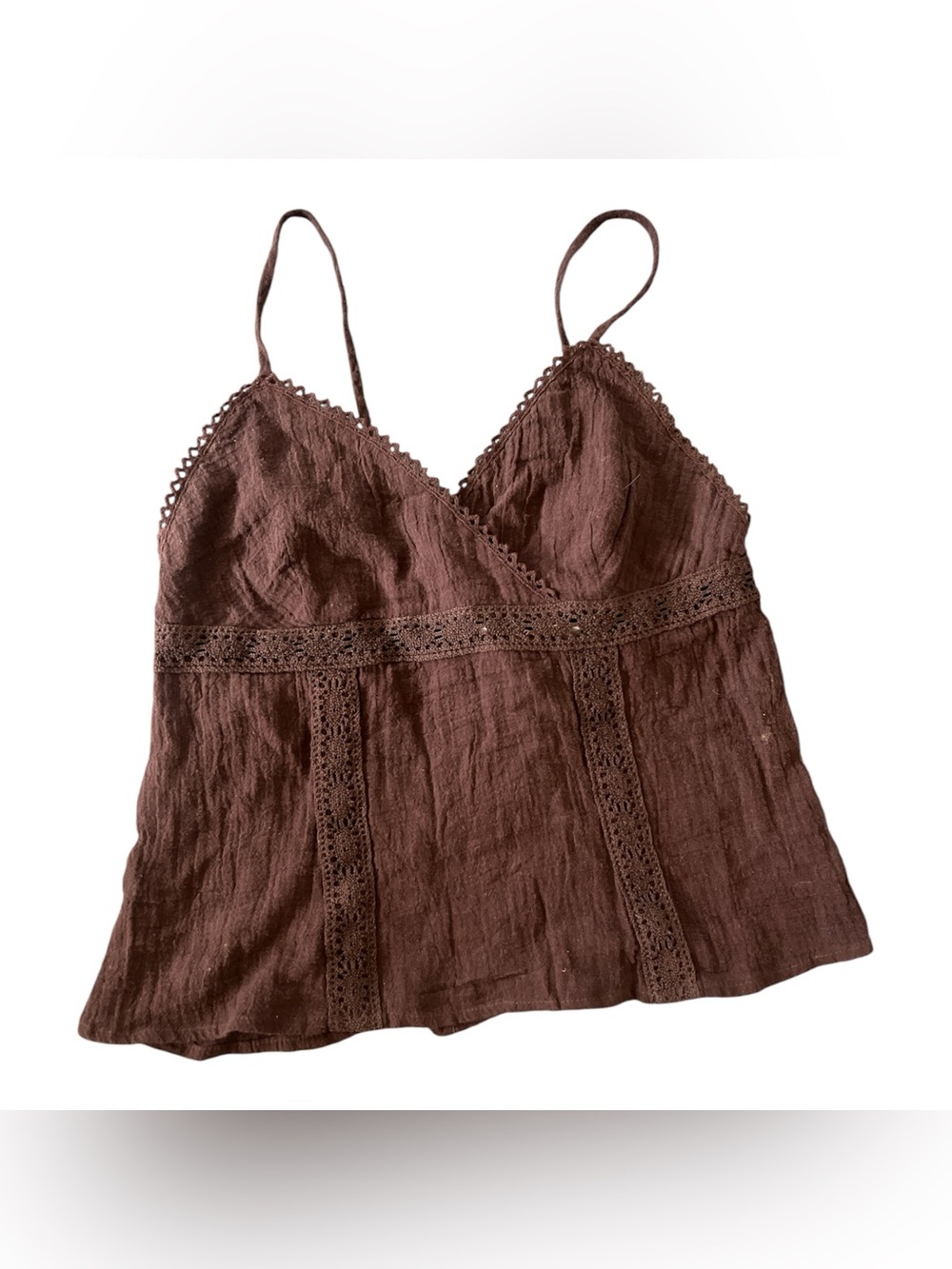 Vintage Y2K Newport News Brown Crinkle Cotton Lace Cami Top Size S